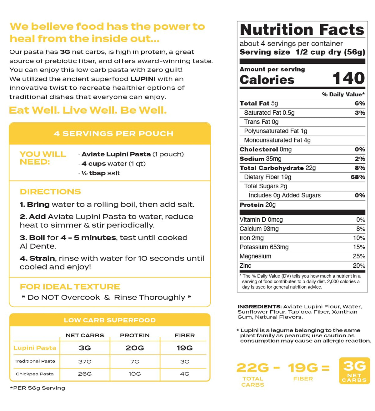 Keto Lupini Penne Pasta – 20g Protein, 3g Net Carbs, 3 Pack