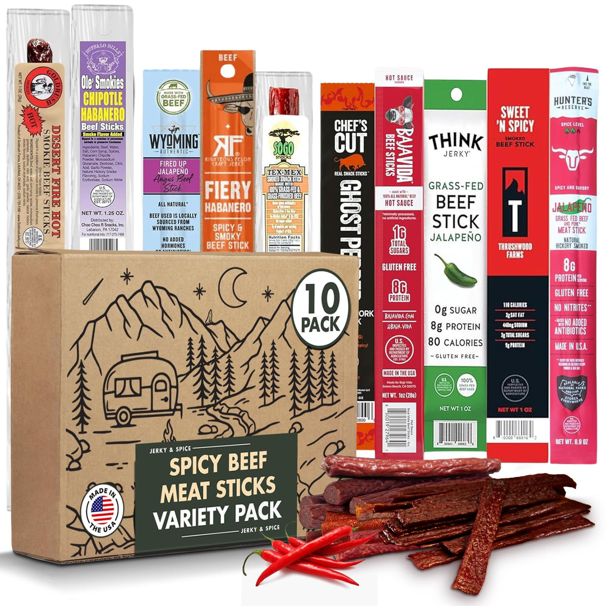 Gourmet Jerky Sampler – Spicy Meat Sticks, 10 Count