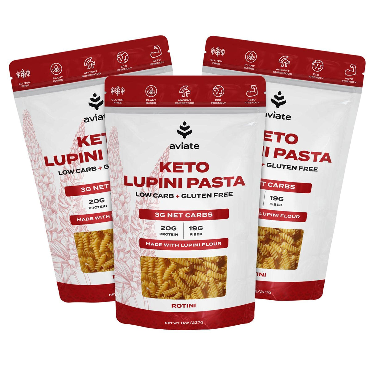 Keto Lupini Rotini Pasta – 20g Protein, 3g Net Carbs, 3 Pack