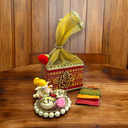 Ganesha Puja Gift Hamper – Potli Basket & Kumkum Holder