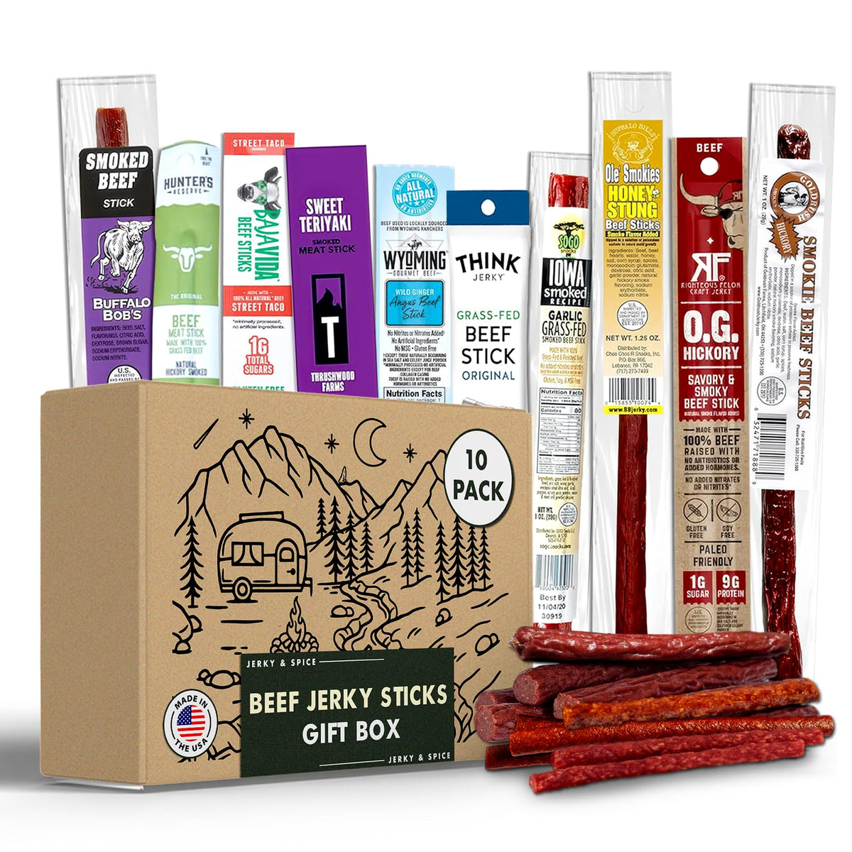 Gourmet Jerky Sampler – Spicy Meat Sticks, 10 Count