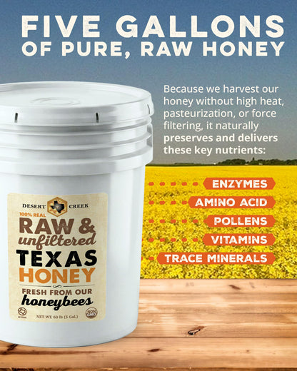 Raw Unfiltered Light Clover Honey by Desert Creek, 5 gallon (60lb), Product of USA