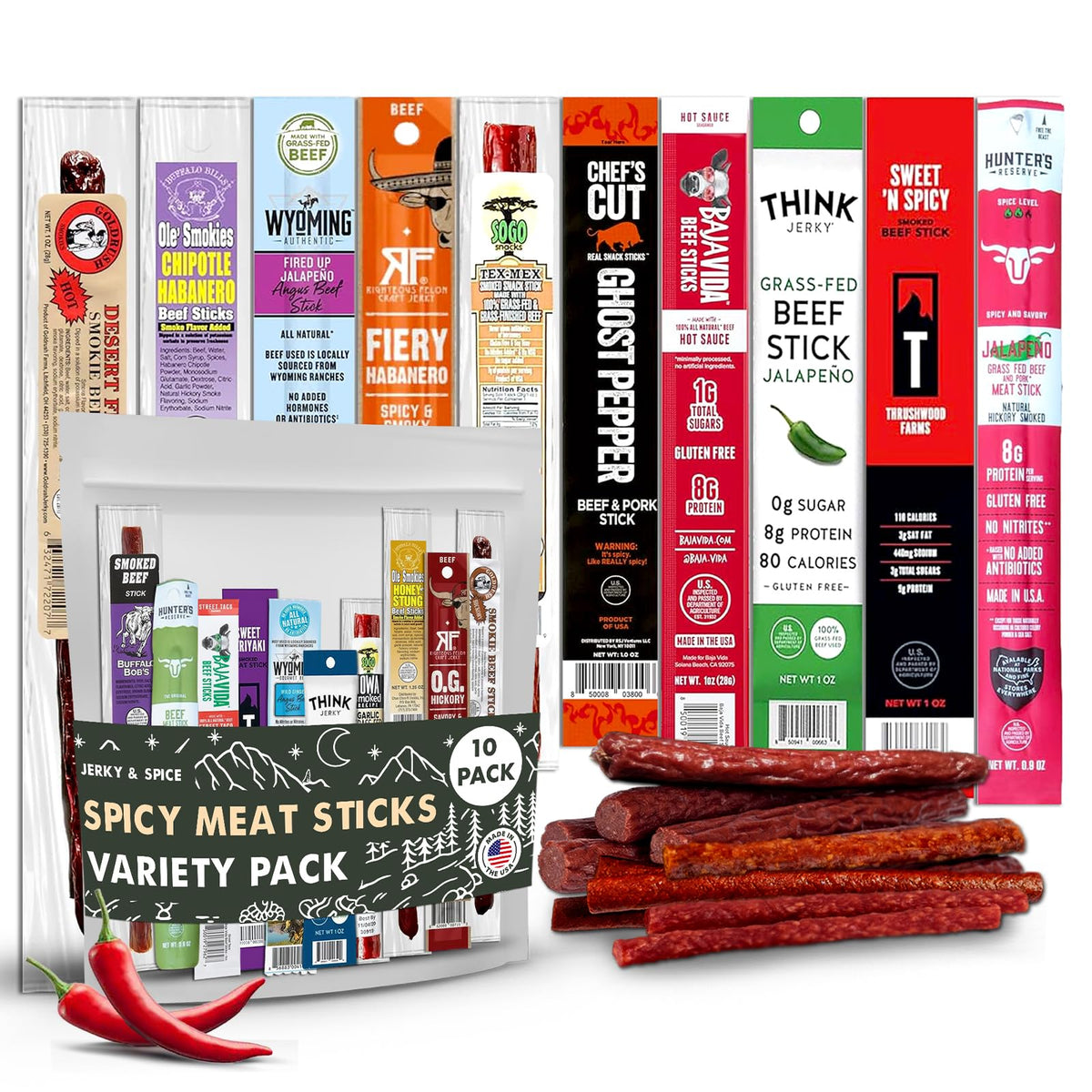 Gourmet Jerky Sampler – Spicy Meat Sticks, 10 Count